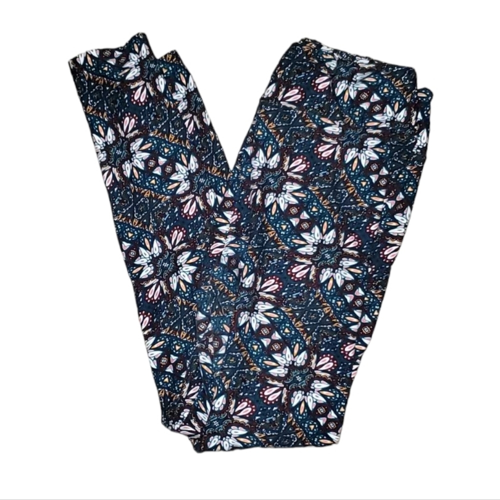 LULAROE Retro Flower Stretch Bodycon Leggings Dark Green Orange Pink Red White